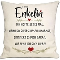 Macro detail of linen pillowcase fabric with German text and red heart decoration - Granddaughter (DYM294-16) / 45*45cm Linen Single Sided Without Core