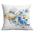 Square cushion featuring a golden goldfish and blue watercolor flowers on white fabric - 45*45cm Short Plush Single Sided Without Core / Single Goldfish Floral Pattern (CDR238-24)