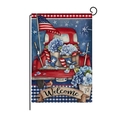 Close-up of USA Independence Day garden flag with red truck and hydrangea on metal stand - Hyq80-19