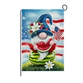 Detail of USA Independence Day garden flag featuring a gnome eating watermelon on a metal stand - Hyq80-14