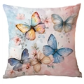 Square throw pillow cover with artistic watercolor butterflies and pink floral print - Watercolor Butterfly Style (CDR247-4) / 45x45cm Single Sided (Pillow Core Not Included)