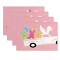 Lot de 4 sets de table de Pâques roses avec camion blanc et lapins colorés - Camion de Pâques Rose (YMCD1-1) / Set de Table en Lin 30x45