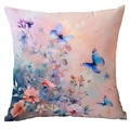 Watercolor floral pillow case with blue butterflies and pink blossoms on white background - Watercolor Butterfly Style (CDR247-5) / 45x45cm Single Sided (Pillow Core Not Included)