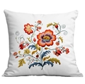 Close-up of vibrant floral embroidery textures on a white fabric throw pillow cover - Folk Art Style (CDR300-20) / Single-Sided Print No Insert