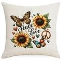Detail of sunflower and butterfly print on beige linen pillowcase with Peace Love text - Peace Love Butterfly Sunflower Style (DYM298-14) / 45*45cm Linen Single Sided Without Core