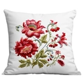 Square white pillowcase with elegant red floral embroidery and green leaves for home decor - Blooming Red Flower (CDR300-24) / Single-Sided Print No Insert