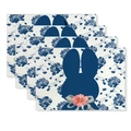 Lot de 4 sets de table de Pâques avec silhouette de lapin bleu et fleurs - Silhouette de Lapin Floral Bleu et Blanc (YMCD1-9) / Set de Table en Lin 30x45