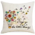 Linen dandelion floral cushion cover with Enjoy the little things text on white background - Enjoy the Little Things Hot Air Balloon Style (DYM302-12) / 45x45 Linen Single Side Without Core