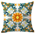 Detalle de la textura de la tela de una funda de cojín cuadrada con patrón floral de azulejo - Azulejo Mediterráneo Girasol Amarillo Naranja (CDR299-34)