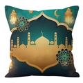 Blue decorative square pillowcase featuring golden mosque and crescent moon prints - CRD69-2 (Pillowcase Only (Without Core))