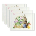 Set de 4 sets de table de Pâques avec lapin aquarelle, fleurs et œufs colorés - Panier de Fleurs Lapin à Rayures Bleues (YMCD1-17) / Set de Table en Lin 30x45