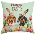 Easter pillow cover with cute dachshunds, colorful eggs, and tulips on green fabric - 45x45cm Single-sided No Insert / Dachshund Pattern 3 (DYM301-3)
