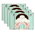 Lot de 4 sets de table de Pâques avec lapin blanc et œufs colorés sur bois menthe - Vue de Dos du Lapin dans le Trou (YMCD1-28) / Set de Table en Lin 30x45