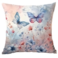 Square throw pillow cover featuring artistic watercolor butterflies and colorful spring flowers - Watercolor Butterfly Style (CDR247-27) / 45x45cm Single Sided (Pillow Core Not Included)