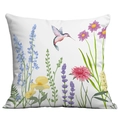 Fodera per cuscino bianca con stampa acquerello di colibrì e fiori selvatici - 45x45cm / Illustrazione Acquerello con Colibrì Rosa e Fiori di Campo (CDR378-5)