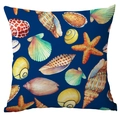Navy blue polyester pillow case featuring watercolor seashells and orange starfish patterns - 45x45CM (No Core) / Deep Blue Background Watercolor Shells (CDR284-20)