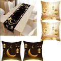 Ramadan Heimset mit schwarz-goldenem Tischläufer mit Mondmuster und 4 Kissenbezügen - 5-teiliges Tischläufer- und Kissenbezug-Set - 13