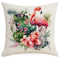 Dettaglio della stampa con fenicottero e foglie tropicali sulla federa in lino - Elegante Fenicottero Rosa (DYM296-2)