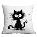 Close-up of minimalist black cat line art print on white square cushion cover fabric - Single-Sided Print No Insert / Fluffy Graffiti Black Cat Style (CDR305-10)