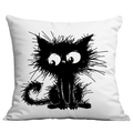 Minimalist white square pillowcase featuring a hand-drawn black cat artistic illustration - Single-Sided Print No Insert / Artistic Fun Cat Hand-drawn Style (CDR305-9)