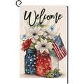 Bandera de jardín Welcome con frascos Mason, flores blancas y diseño de estrellas - Estilo Tarro Mason Bandera de Estados Unidos(HYQ79-4)
