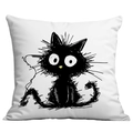 Minimalist white square pillowcase featuring an artistic black hand-drawn cat illustration - Single-Sided Print No Insert / Sketch Style Black Cat Illustration (CDR305-7)