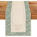 Close-up of linen table runner with botanical rose print and sage green floral borders - 33*183cm Table Runner / ROSE Botanical Green (ZQ106-15)
