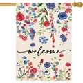 Bandera de jardín Welcome con estampado de flores coloridas y barra colgante de madera - Estilo Bienvenida Flores de Colores(HYQ79-5)