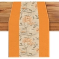 Detail of bohemian floral table runner showing orange borders and linen texture on wood - 33*183cm Table Runner / Orange Vintage Floral (ZQ106-2)