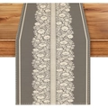 Macro detail of taupe table runner with white floral lace pattern on wooden table - 33*183cm Table Runner / Taupe Lace Print (ZQ106-9)