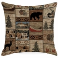 Rustikaler Kissenbezug im Vintage-Stil mit Elch, Bär und Waldmotiven für das Bauernhaus - Vintage Patchwork Wald Element Stil (DYM310-2) / 45*45cm Leinen Einseitig Ohne Füllung