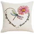 Detail of dragonfly and daisy print on linen pillowcase with heart and quote - Dragonfly Daisy Heart Style (DYM313-3) / 45*45cm Linen Single Sided Without Core