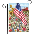 Bandera de jardín patriótica con bandera americana y girasoles en soporte de metal - Estilo Pájaro Cantor Floral de Campo(HYQ79-22)