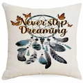 Bohemian dreamcatcher pillow cover with colorful feathers and butterflies on linen fabric - Never Stop Dreaming Dreamcatcher Style (DYM315-19)