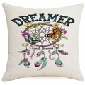 Detail of bohemian dreamcatcher cushion cover with feathers and dreamer text on linen fabric - Dreamcatcher Butterfly Floral Combo Style (DYM315-16)