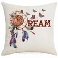 Close-up of dreamcatcher print on beige linen pillowcase featuring feathers and flowers - DREAM Dreamcatcher Floral Style (DYM315-6)