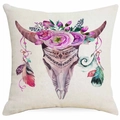 Detailed close-up of bohemian dreamcatcher cushion cover with watercolor bull skull pattern - Watercolor Bull Skull Purple Floral Style (DYM315-8)