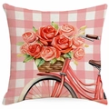 Square linen throw pillow cover with pink gingham and flower bicycle print for home decor - Rose Bicycle (DYM317-1)
