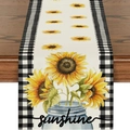 Linen table runner with sunflower print, buffalo plaid edges and sunshine text - Rural Sunflower Black White Plaid Border (ZQ108-10) / 33*183cm