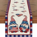 Linen table runner with Independence Day gnome print and patriotic checkered borders - Independence Day Gnomes Holding Flag (ZQ108-5) / 33*183cm