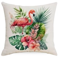 Federa in lino con fenicottero rosa e foglie di palma tropicale su sfondo beige chiaro - Stampa Fenicottero e Pianta Tropicale (DYM296-1)