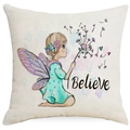 Floral fairy dandelion cotton linen square pillow cover with Believe typography - Believe Fairy Blowing Dandelion Style (DYM302-10) / 45x45 Linen Single Side Without Core