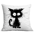 Square minimalist pillowcase with artistic black line drawing of a cartoon cat - Single-Sided Print No Insert / Black Cat Line Illustration Style (CDR305-1)