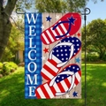 Vertical garden flag with Welcome text and patriotic flip-flops on a blue plaid background - Stars and Stripes Flip Flops Welcome Pattern (HYQ82-16)