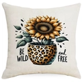 Federa per cuscino quadrata in lino beige con stampa girasole leopardata e scritta - Stile Vaso di Girasole Leopardo (DYM298-1) / 45*45cm Lino Lato Singolo Senza Interno