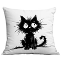 White square pillow case with artistic doodle black cat print for home sofa decor - Single-Sided Print No Insert / Hand-drawn Style Black Cat Pattern (CDR305-3)