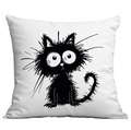 Minimalist white pillowcase with hand-drawn cartoon black cat print and large eyes - Single-Sided Print No Insert / Minimalist Art Black Cat Style (CDR305-5)