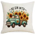 Fodera per cuscino quadrata con girasoli e camion vintage su tessuto di lino beige - Stile Camion di Girasole Retrò (DYM298-3) / 45*45cm Lino Lato Singolo Senza Interno