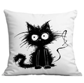 Minimalist white square pillowcase with hand-drawn black doodle cat graphic print - Single-Sided Print No Insert / Personality Graffiti Black Cat Style (CDR305-6)