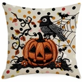 Halloween throw pillow cover featuring pumpkin lantern and crow print on linen fabric - Pumpkin Raven Spider Web Style (HYMD20-2)